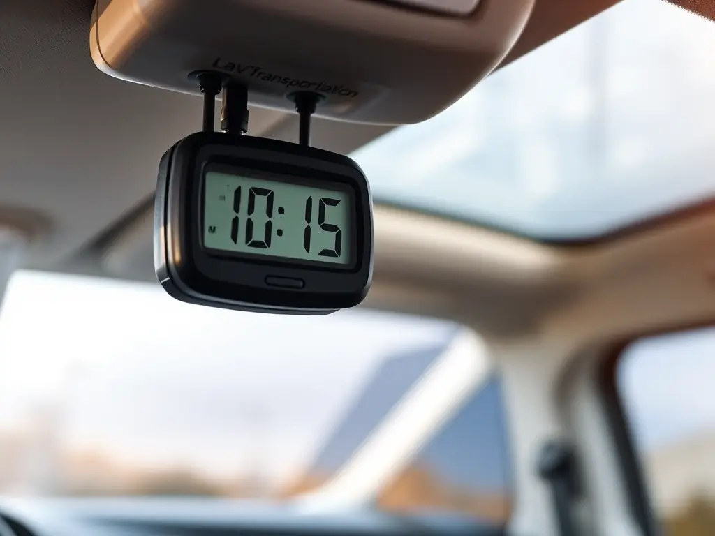 A digital clock displaying on-time arrival, with a Lavi Transportation vehicle in the background, emphasizing the company's commitment to punctuality and reliable service.