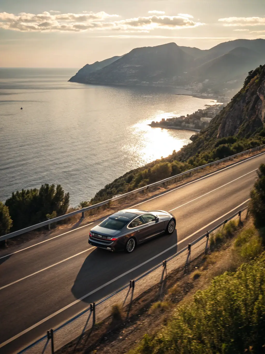 A luxury sedan driving along the coast of Tel Aviv, with a focus on the comfortable interior and professional driver.