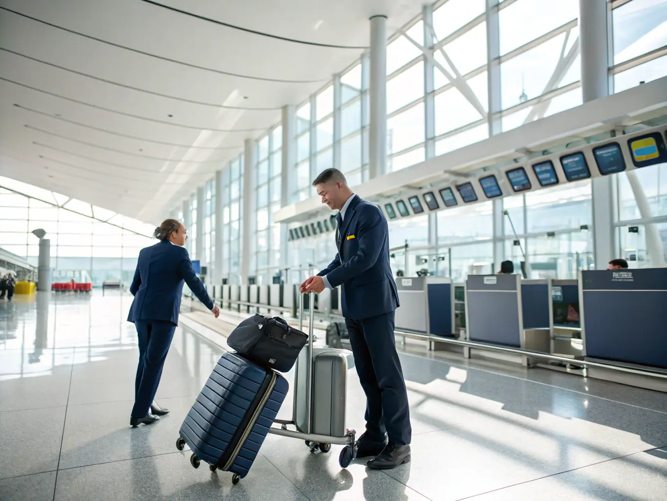 A professional driver in a Lavi Transportation uniform assisting a traveler with their luggage at Ben Gurion Airport, showcasing the company's commitment to customer service and airport transfer expertise.