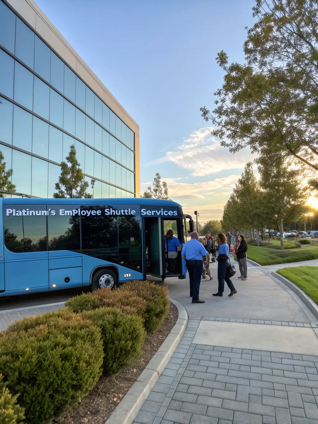A professional-looking shuttle bus outside a corporate office building in Herzliya, with employees boarding.