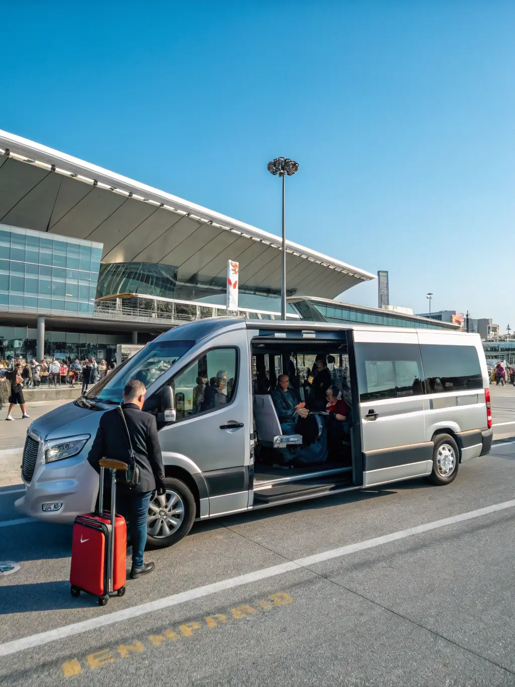 A modern minivan parked at Ben Gurion Airport, with passengers disembarking and a Lavi Transportation sign visible.